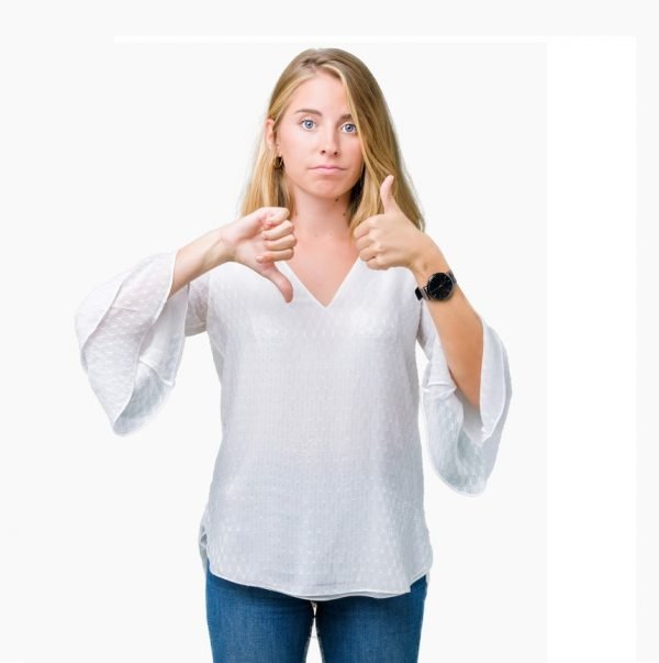 understanding and managing conflict at work: Woman in a white top shows a thumbs up and a thumbs down